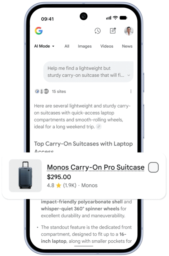 Google's UCP in use on a mobile device, showing Merchant Centre integration.