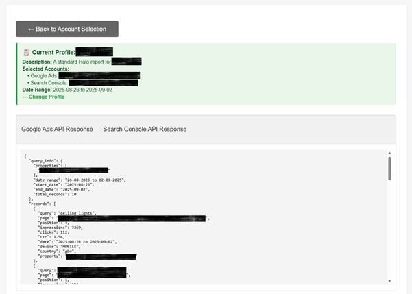 API responses can fail if you don't have good authentication or if you have selected the wrong account. Create a view of the API response to sense check.